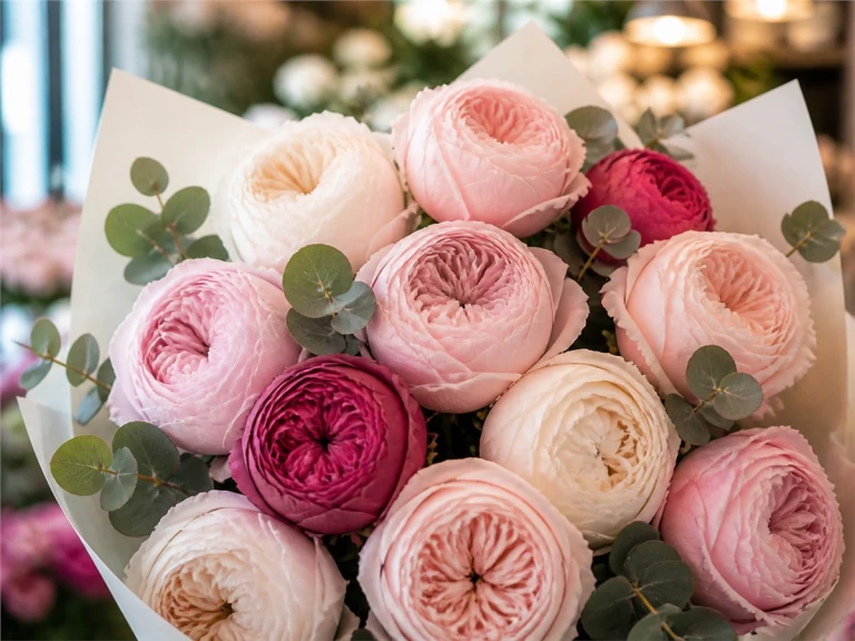 Крупный букет пионовидных роз в цветочном магазине