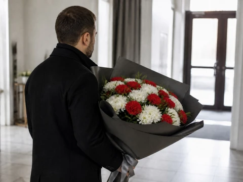 Мужчина держит сдержанный букет красных гвоздик и белых хризантем в графитовой упаковке